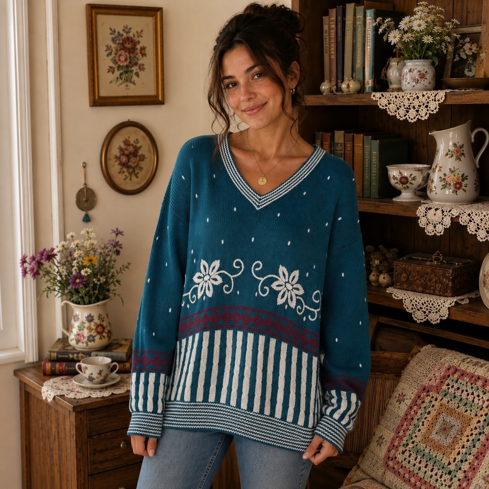 Vintage Izod Club Cable Knit Hand Embroidered Sweater Women's Medium Aqua